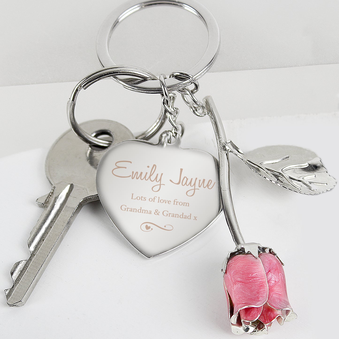Personalised Silver Plated Swirls & Hearts Pink Rose Keyring - MK&JD Gifts