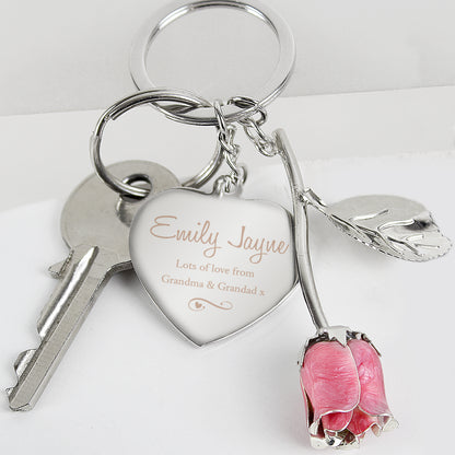Personalised Silver Plated Swirls & Hearts Pink Rose Keyring - MK&JD Gifts