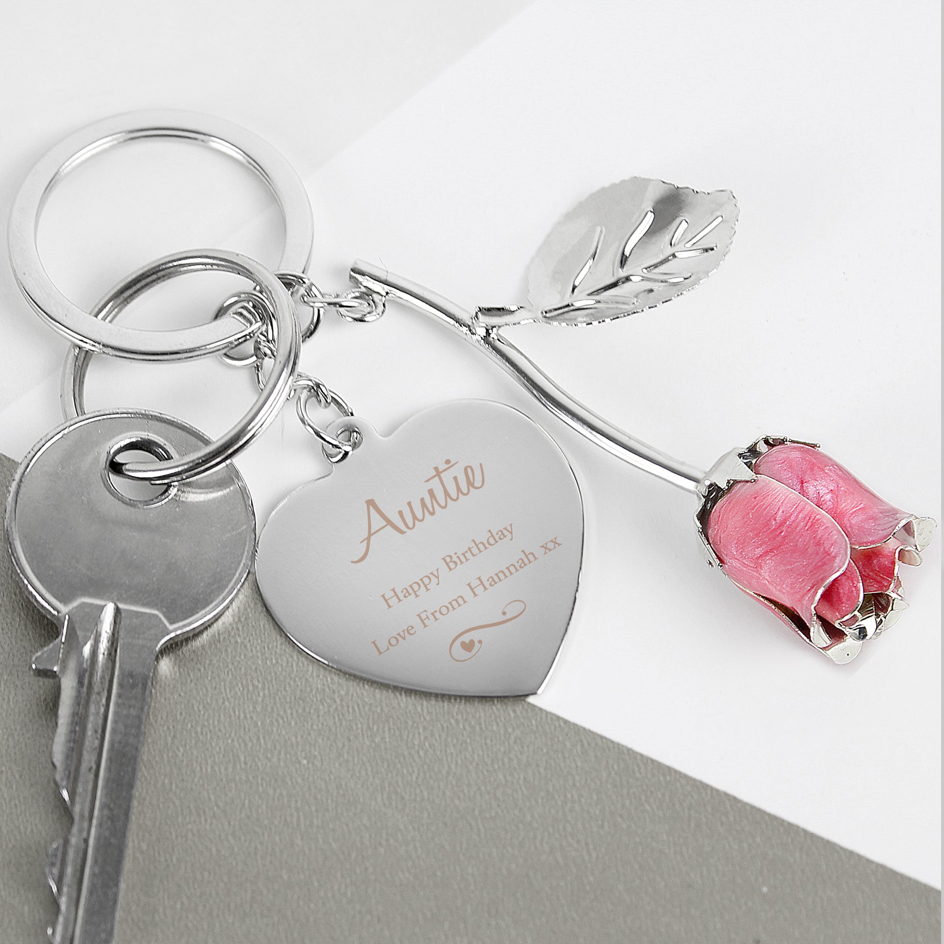 Personalised Silver Plated Swirls & Hearts Pink Rose Keyring - MK&JD Gifts