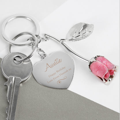 Personalised Silver Plated Swirls & Hearts Pink Rose Keyring - MK&JD Gifts