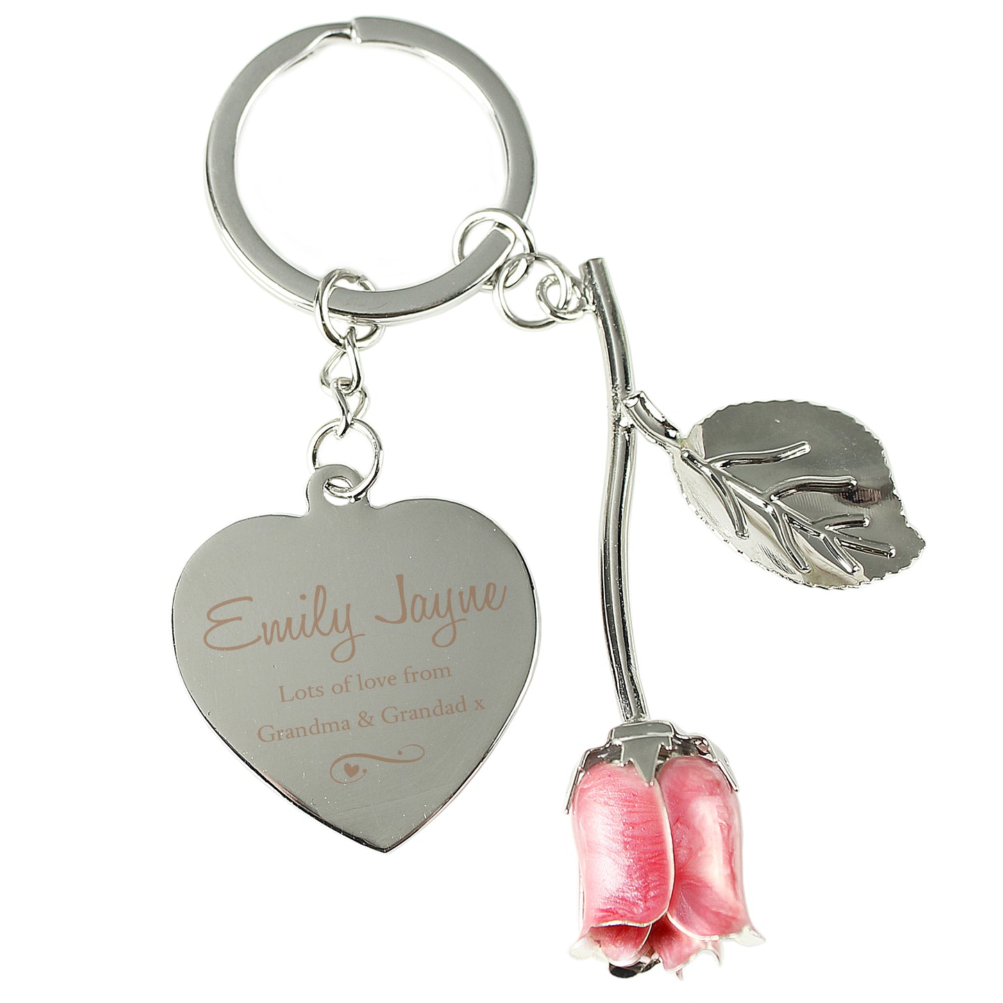 Personalised Silver Plated Swirls & Hearts Pink Rose Keyring - MK&JD Gifts