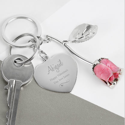 Personalised Silver Plated Swirls & Hearts Pink Rose Keyring - MK&JD Gifts