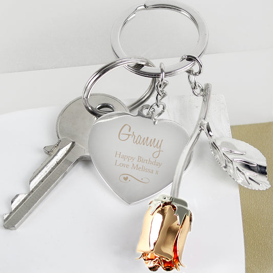 Personalised Silver Plated Swirls & Hearts Rose Gold Rose Keyring - MK&JD Gifts