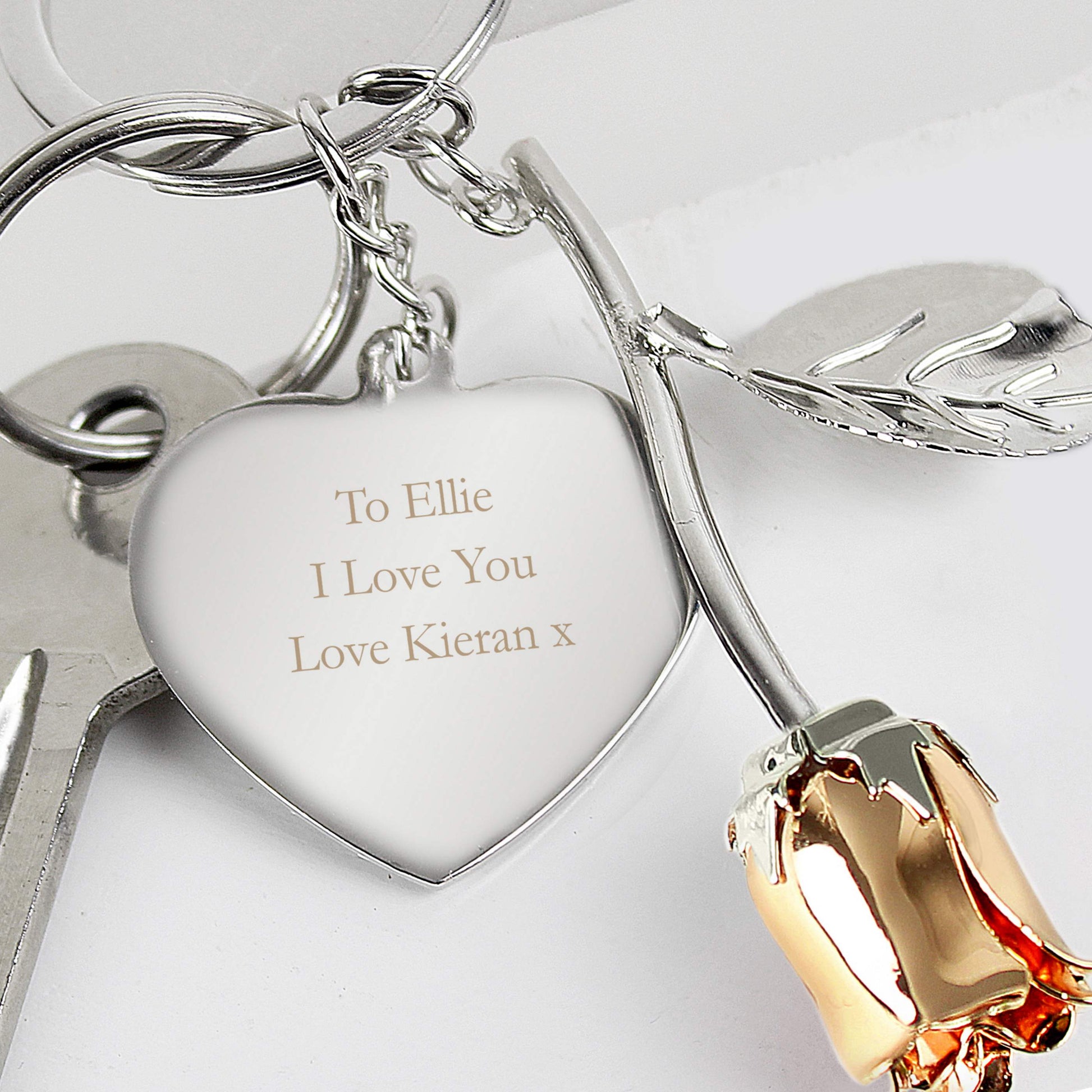 Personalised Silver Plated Rose Gold Rose Keyring - MK&JD Gifts