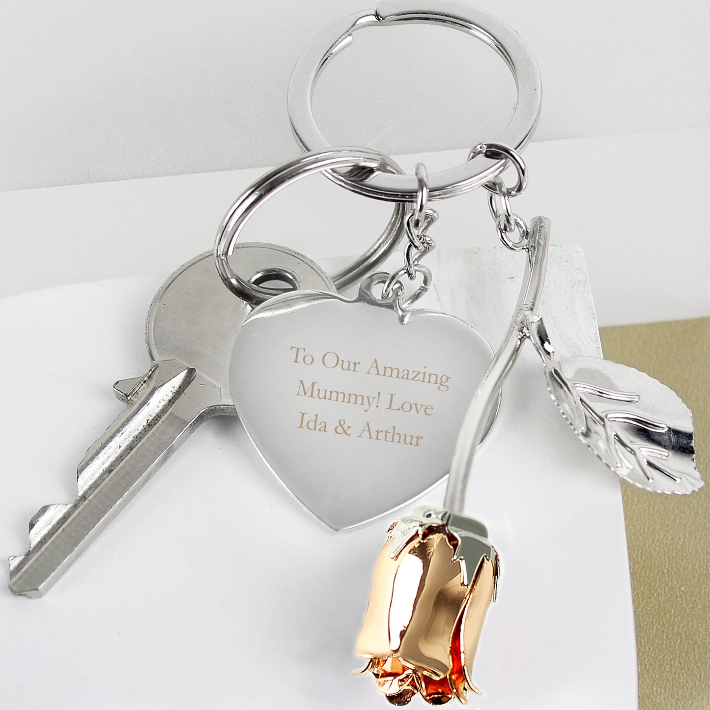 Personalised Silver Plated Rose Gold Rose Keyring - MK&JD Gifts