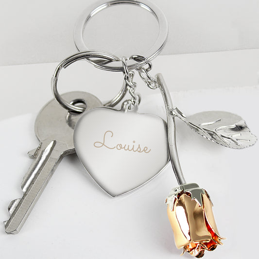 Personalised Silver Plated Name Rose Gold Rose Keyring - MK&JD Gifts