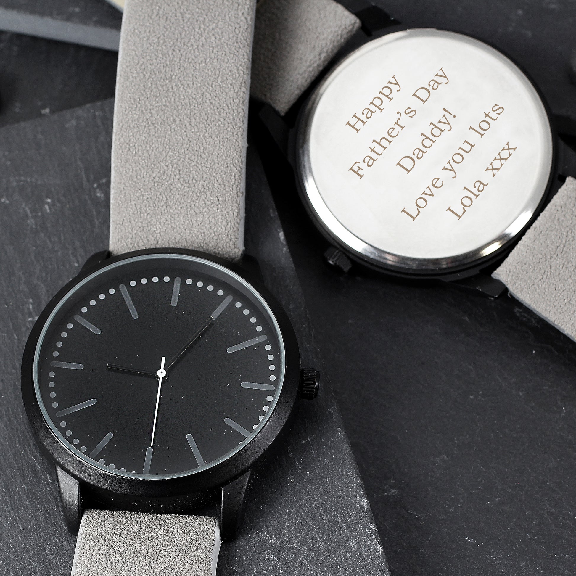 Personalised Mens Matte Black Watch with Grey Strap and Presentation Box - MK&JD Gifts
