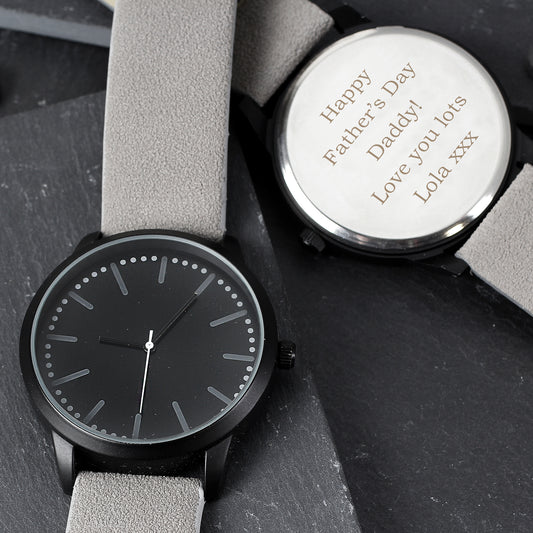 Personalised Mens Matte Black Watch with Grey Strap and Presentation Box - MK&JD Gifts