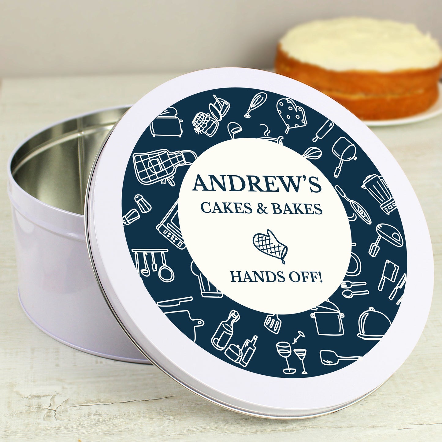 Personalised Navy Kitchen Design Cake Tin - MK&JD Gifts