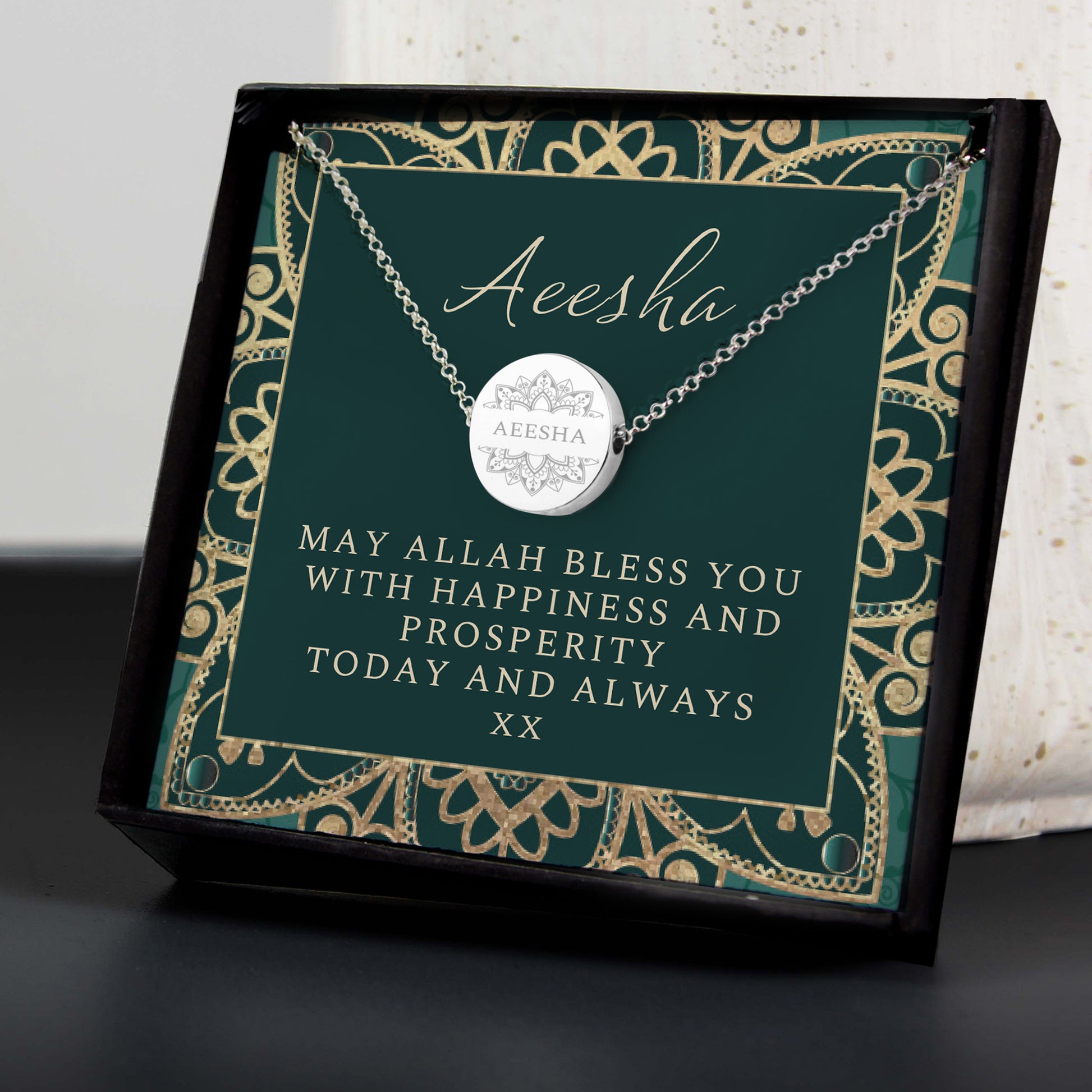 Personalised Sentiment Eid and Ramadan Disc Necklace and Box - MK&JD Gifts