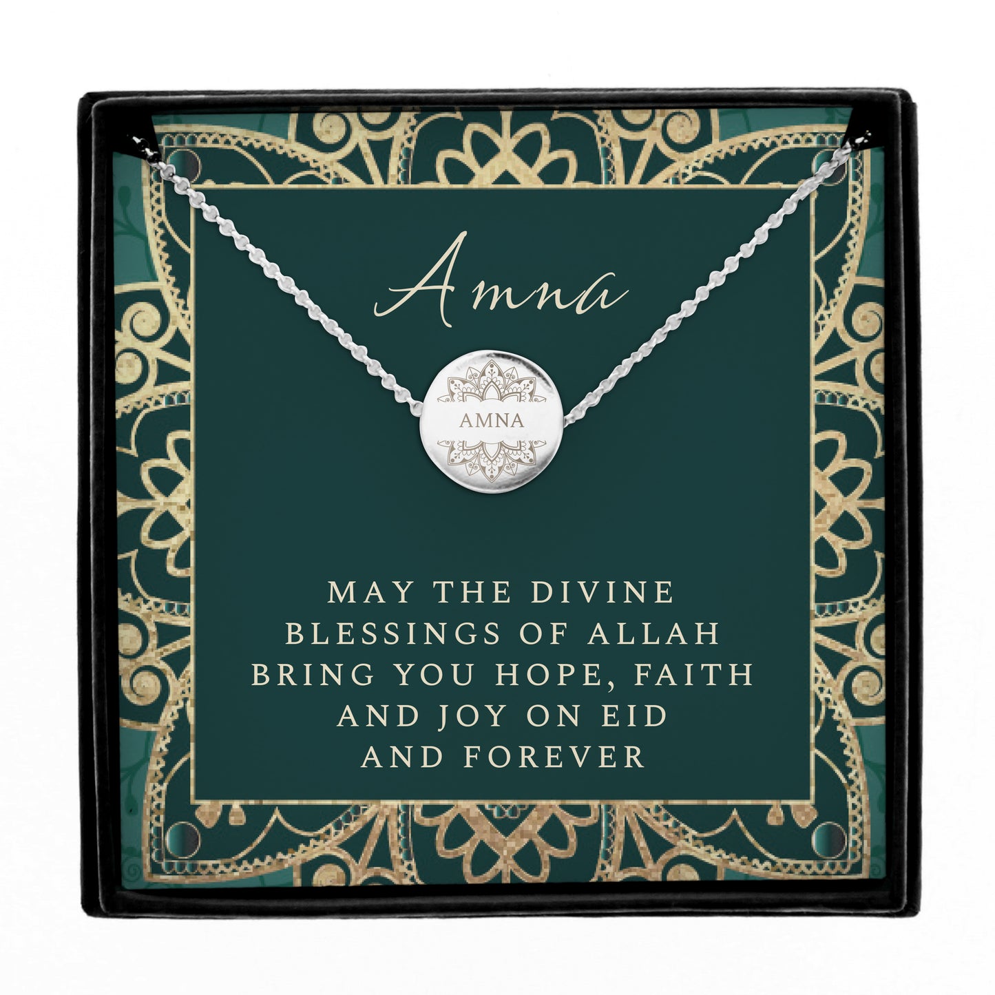 Personalised Sentiment Eid and Ramadan Disc Necklace and Box - MK&JD Gifts