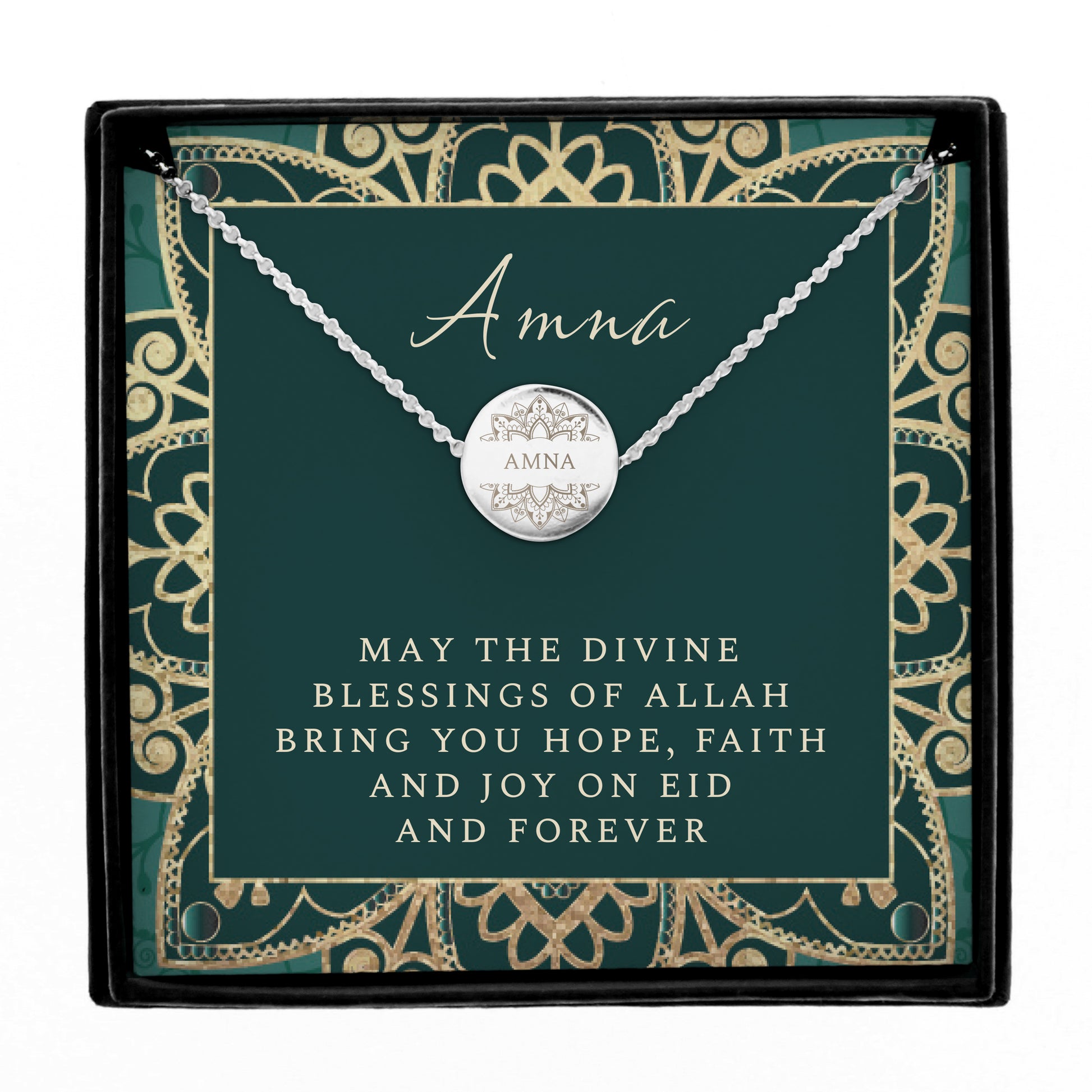 Personalised Sentiment Eid and Ramadan Disc Necklace and Box - MK&JD Gifts
