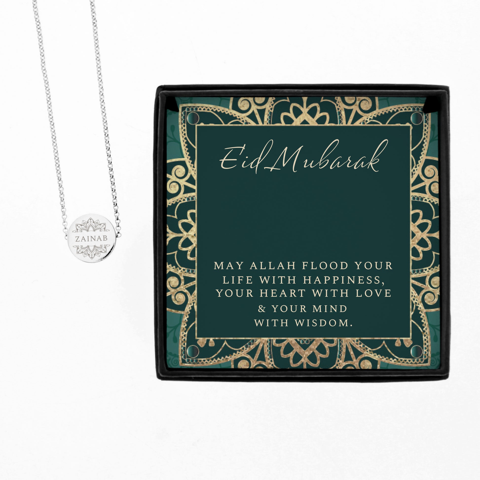 Personalised Sentiment Eid and Ramadan Disc Necklace and Box - MK&JD Gifts