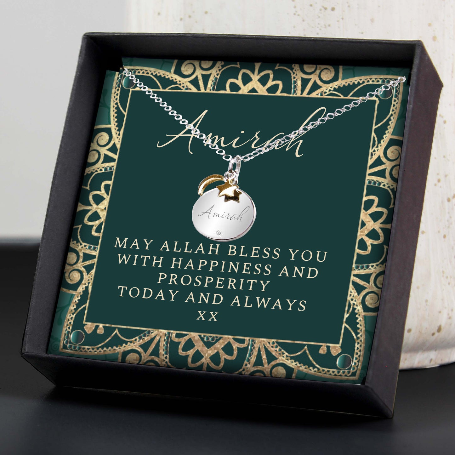 Personalised Sentiment Eid and Ramadan Disc Necklace and Box - MK&JD Gifts