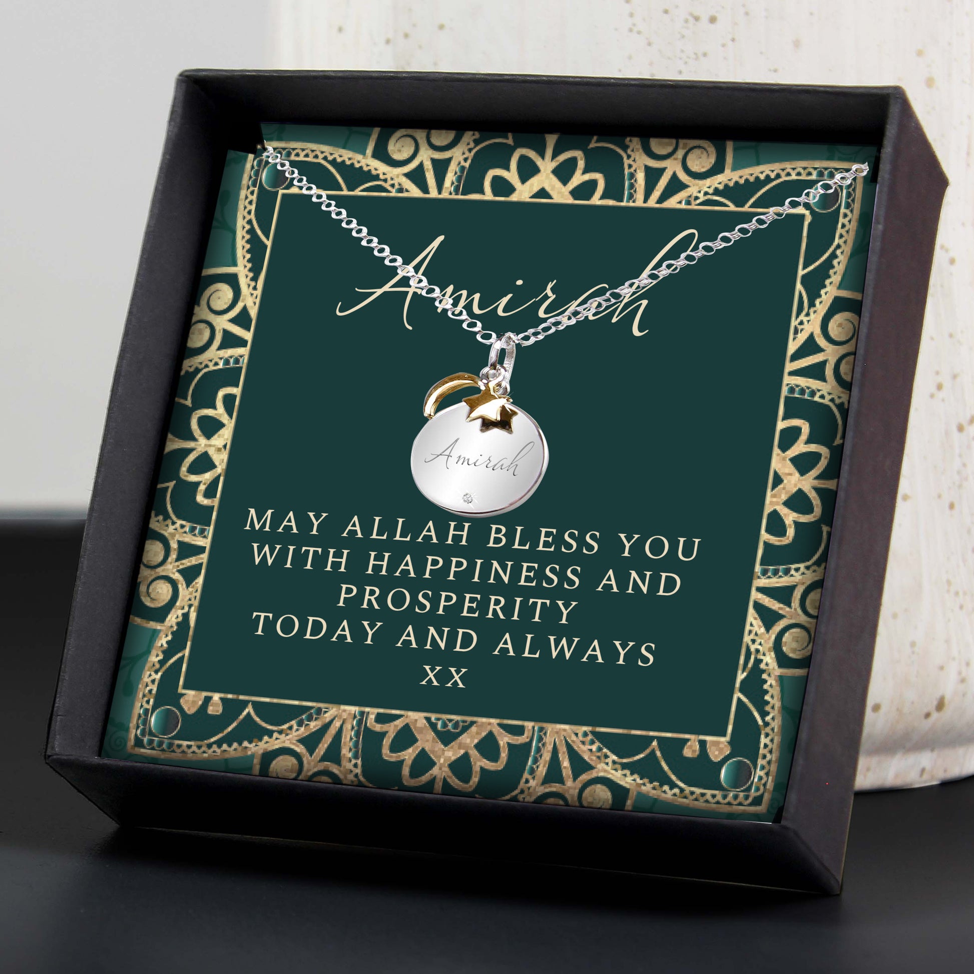 Personalised Sentiment Eid and Ramadan Disc Necklace and Box - MK&JD Gifts