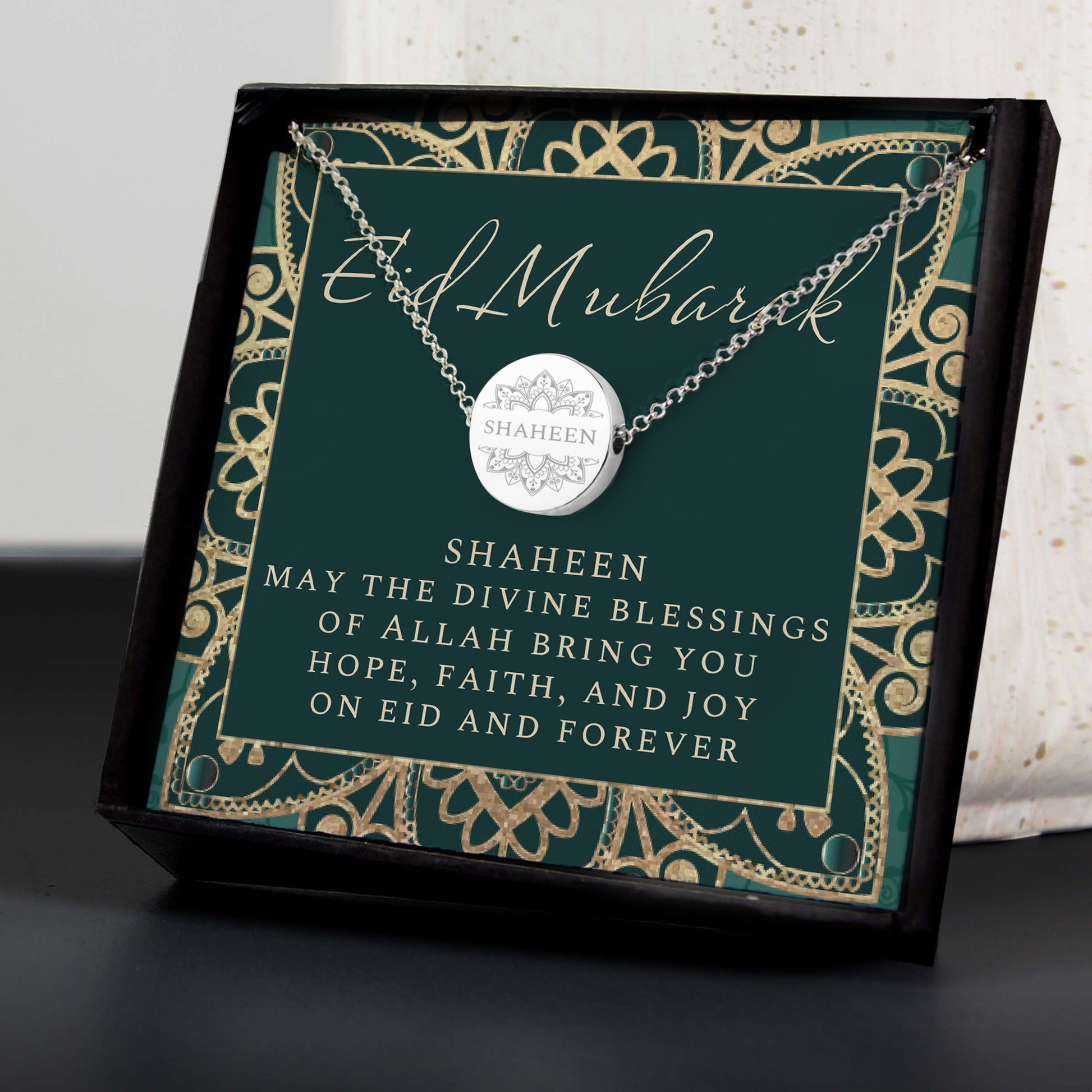 Personalised Sentiment Eid and Ramadan Disc Necklace and Box - MK&JD Gifts