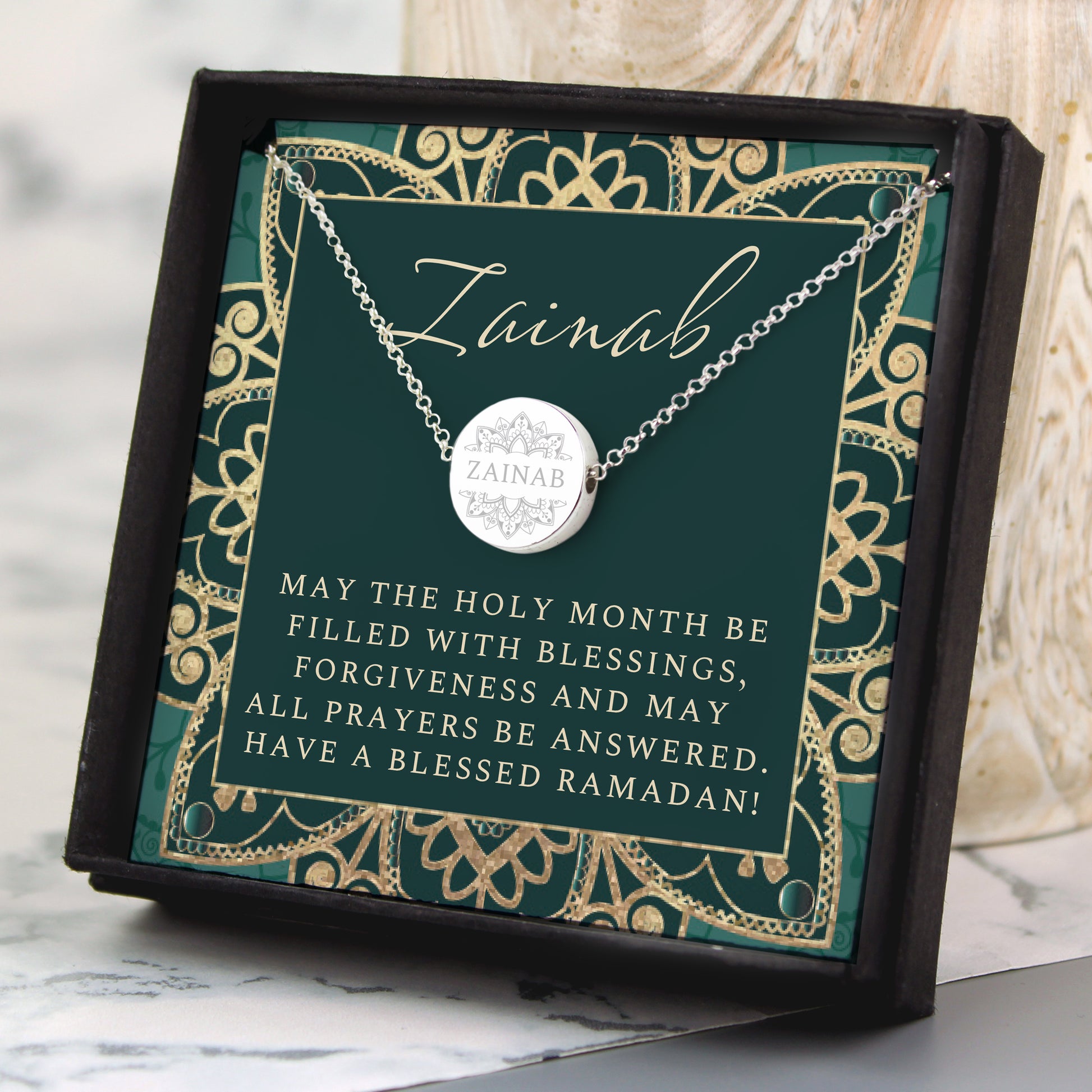Personalised Sentiment Eid and Ramadan Disc Necklace and Box - MK&JD Gifts