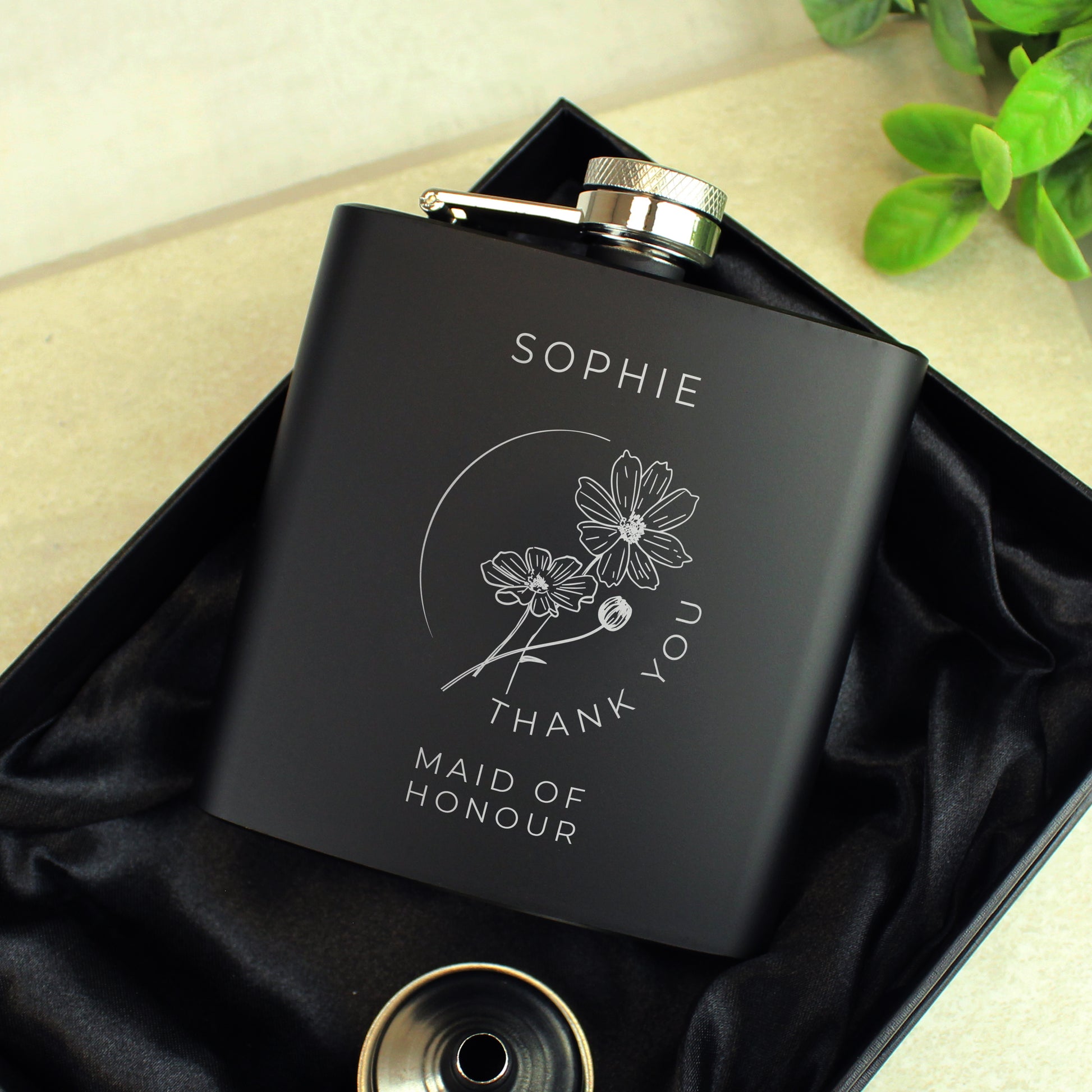 Personalised Monochrome Floral Wedding Party Black Hip Flask - MK&JD Gifts