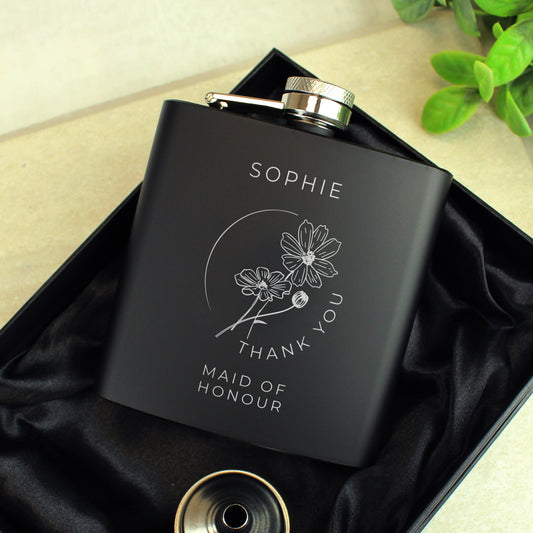 Personalised Monochrome Floral Wedding Party Black Hip Flask - MK&JD Gifts