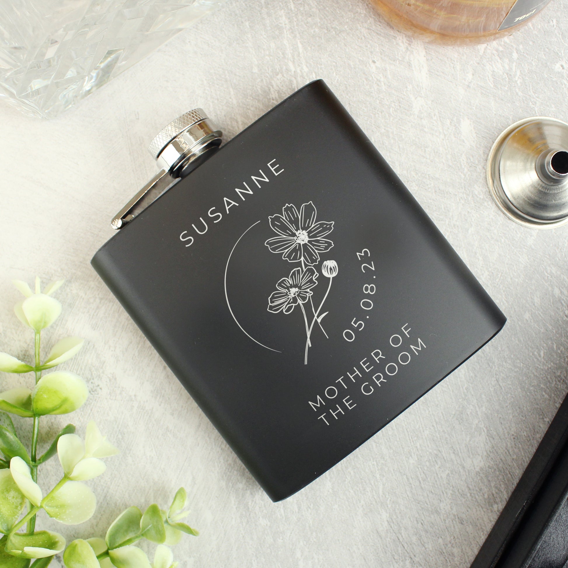 Personalised Monochrome Floral Wedding Party Black Hip Flask - MK&JD Gifts