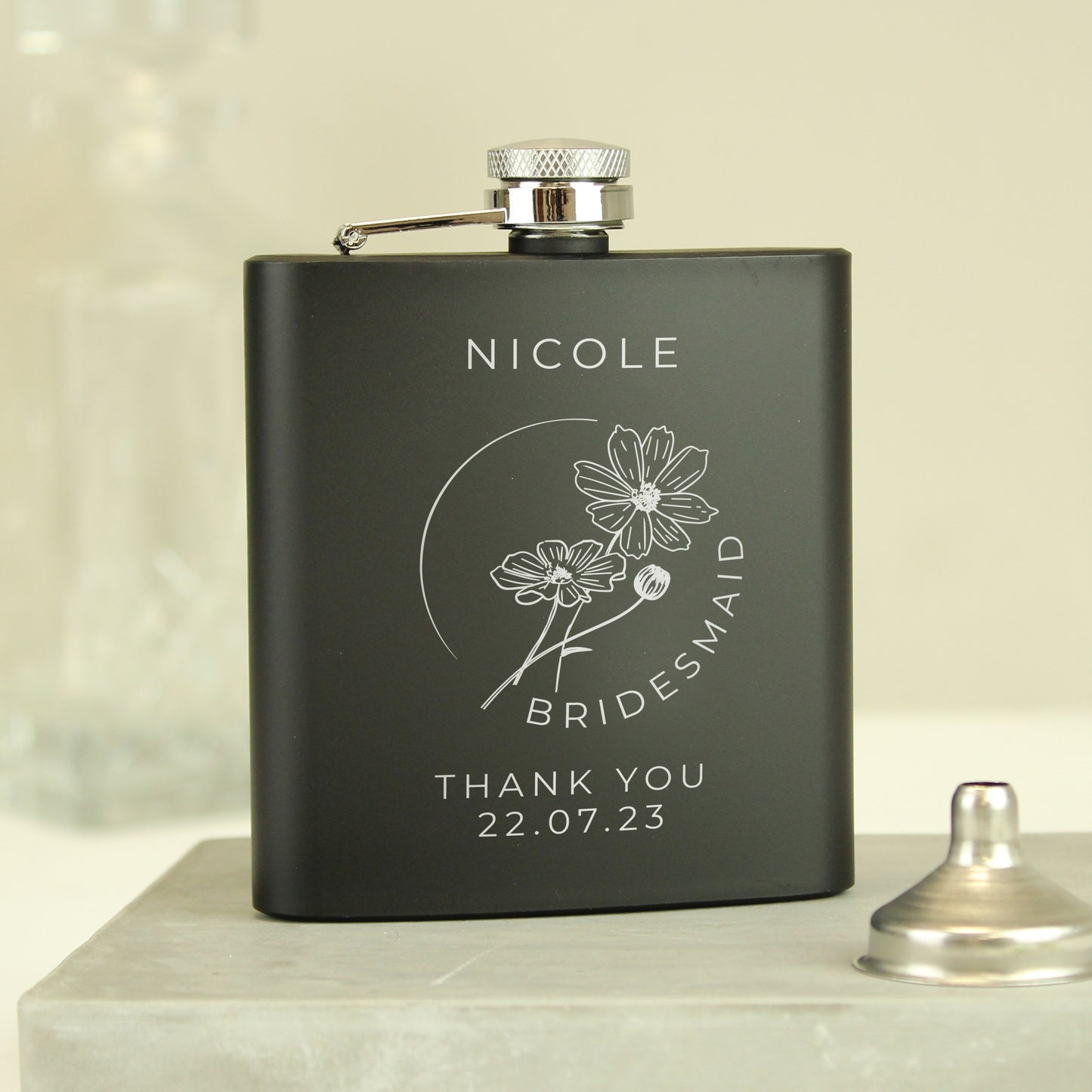 Personalised Monochrome Floral Wedding Party Black Hip Flask - MK&JD Gifts