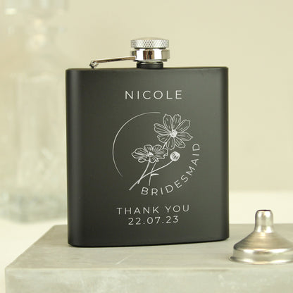 Personalised Monochrome Floral Wedding Party Black Hip Flask - MK&JD Gifts