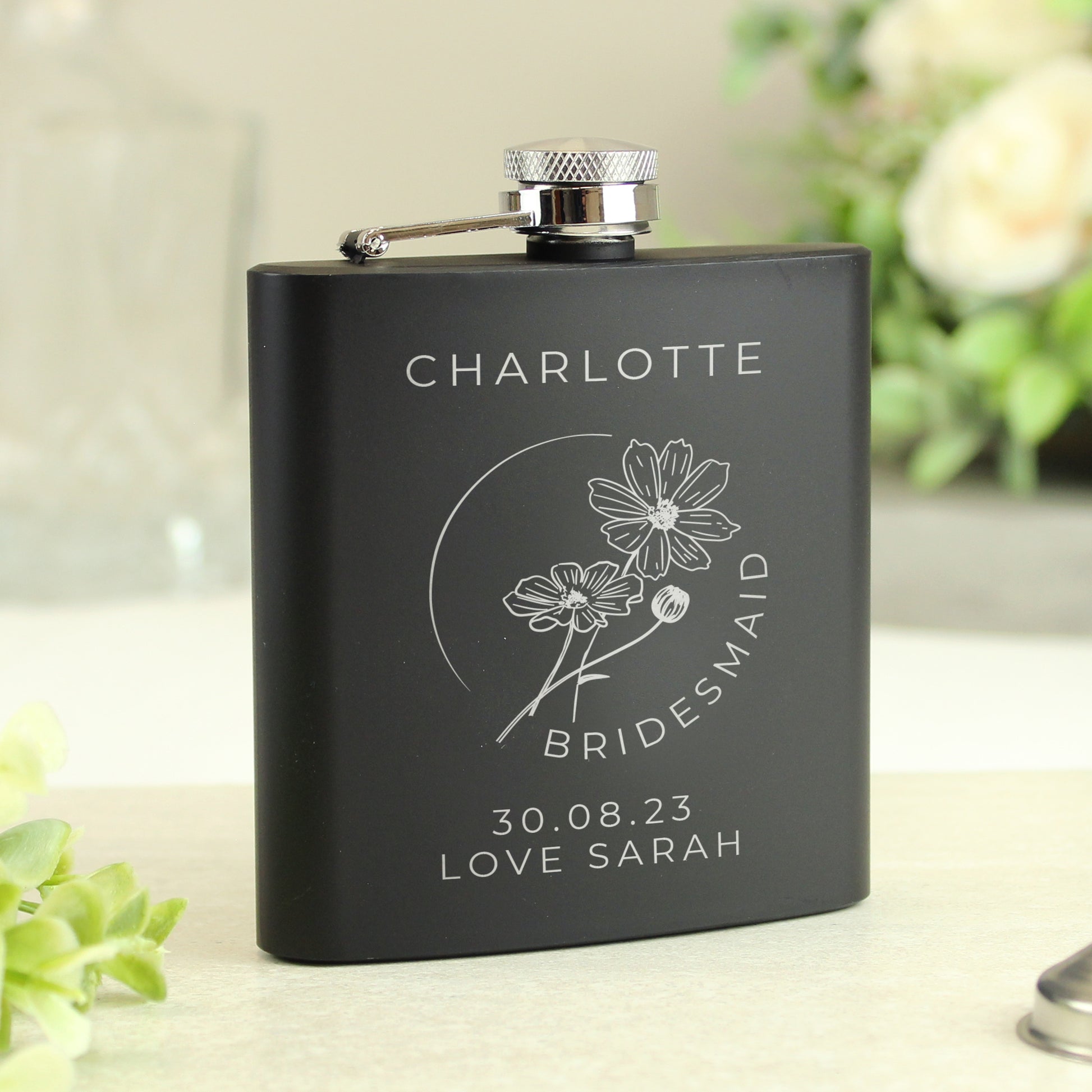 Personalised Monochrome Floral Wedding Party Black Hip Flask - MK&JD Gifts