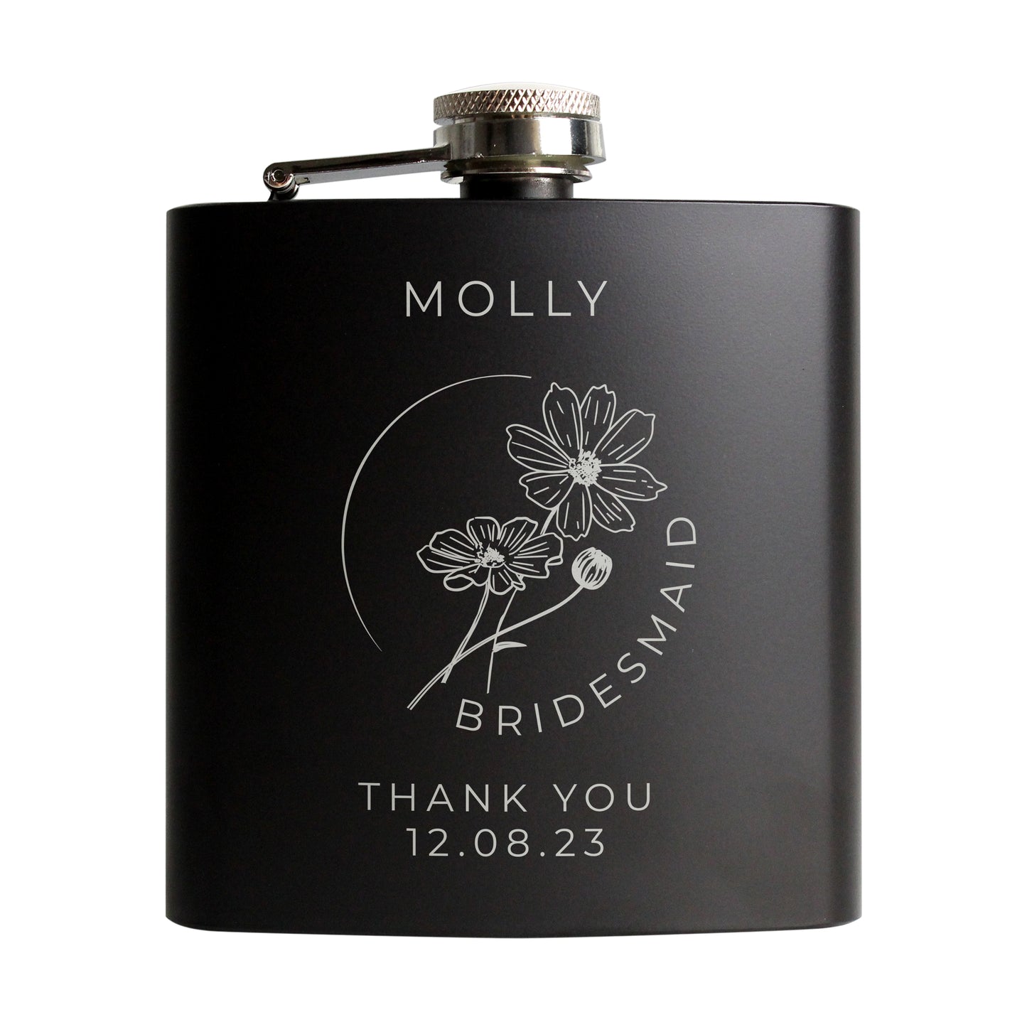 Personalised Monochrome Floral Wedding Party Black Hip Flask - MK&JD Gifts