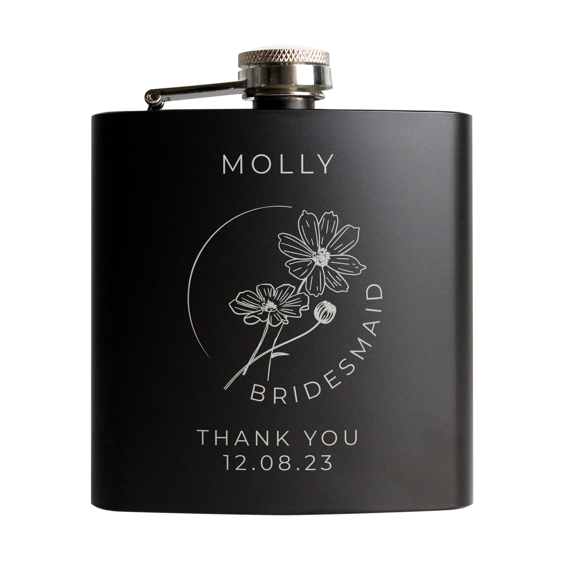 Personalised Monochrome Floral Wedding Party Black Hip Flask - MK&JD Gifts