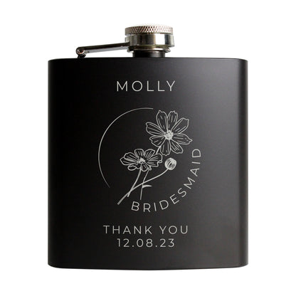 Personalised Monochrome Floral Wedding Party Black Hip Flask - MK&JD Gifts