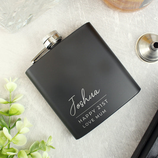 Personalised Free Text Script Black Hip Flask - MK&JD Gifts