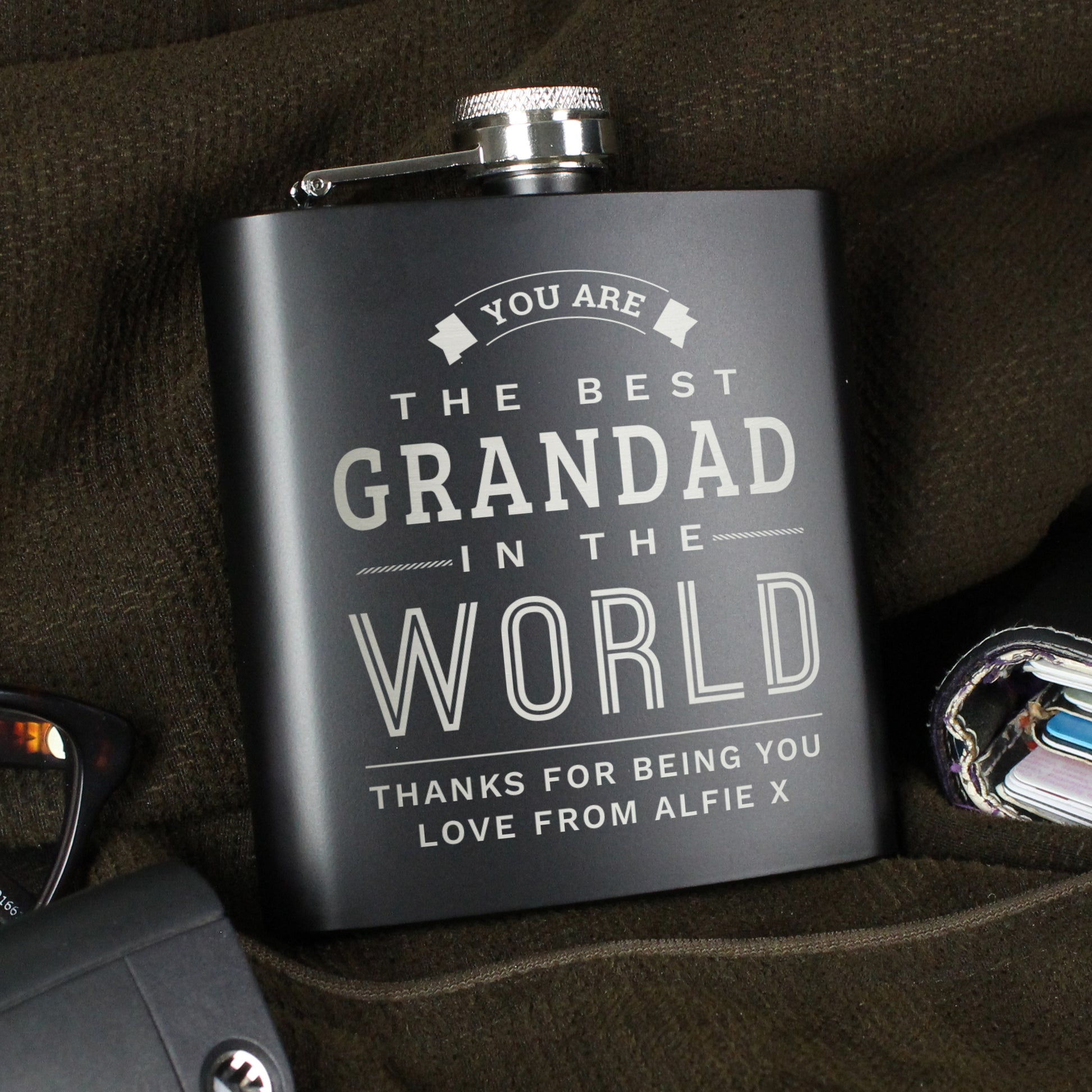 Personalised Best in The World Black Hip Flask - MK&JD Gifts