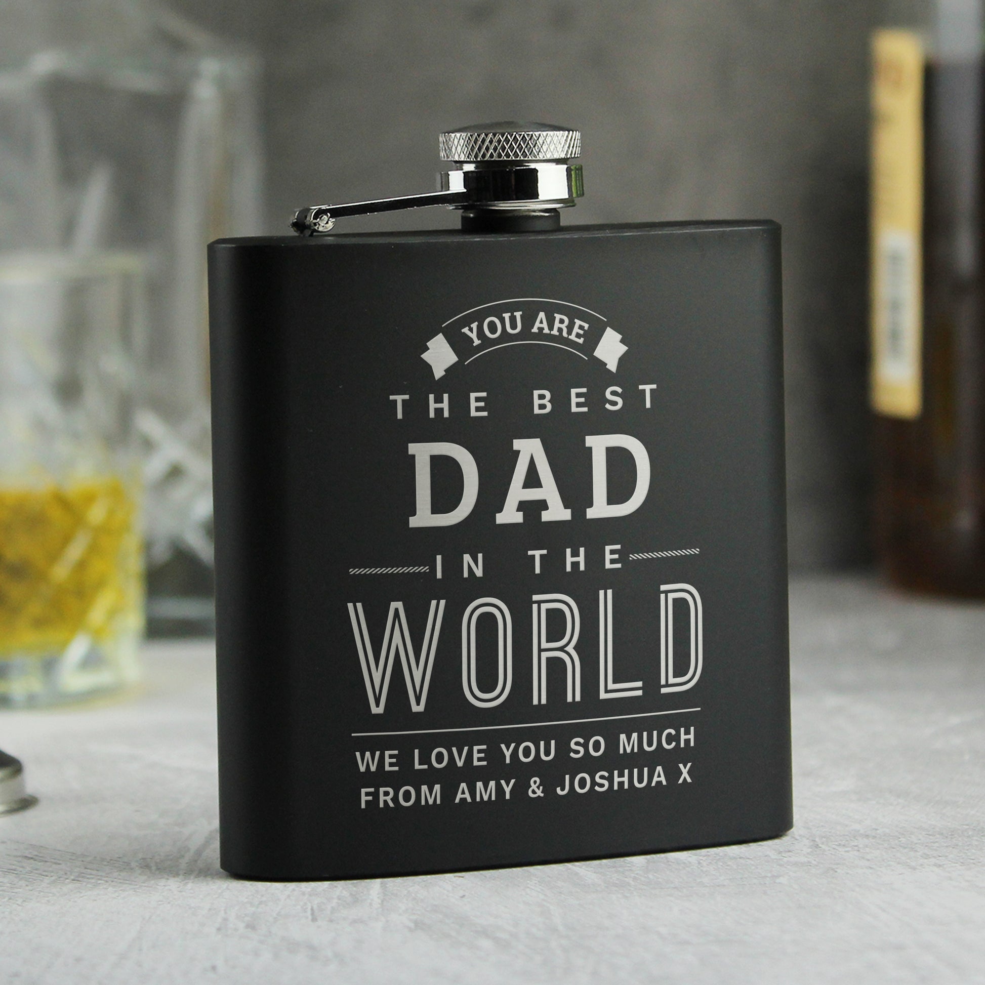 Personalised Best in The World Black Hip Flask - MK&JD Gifts