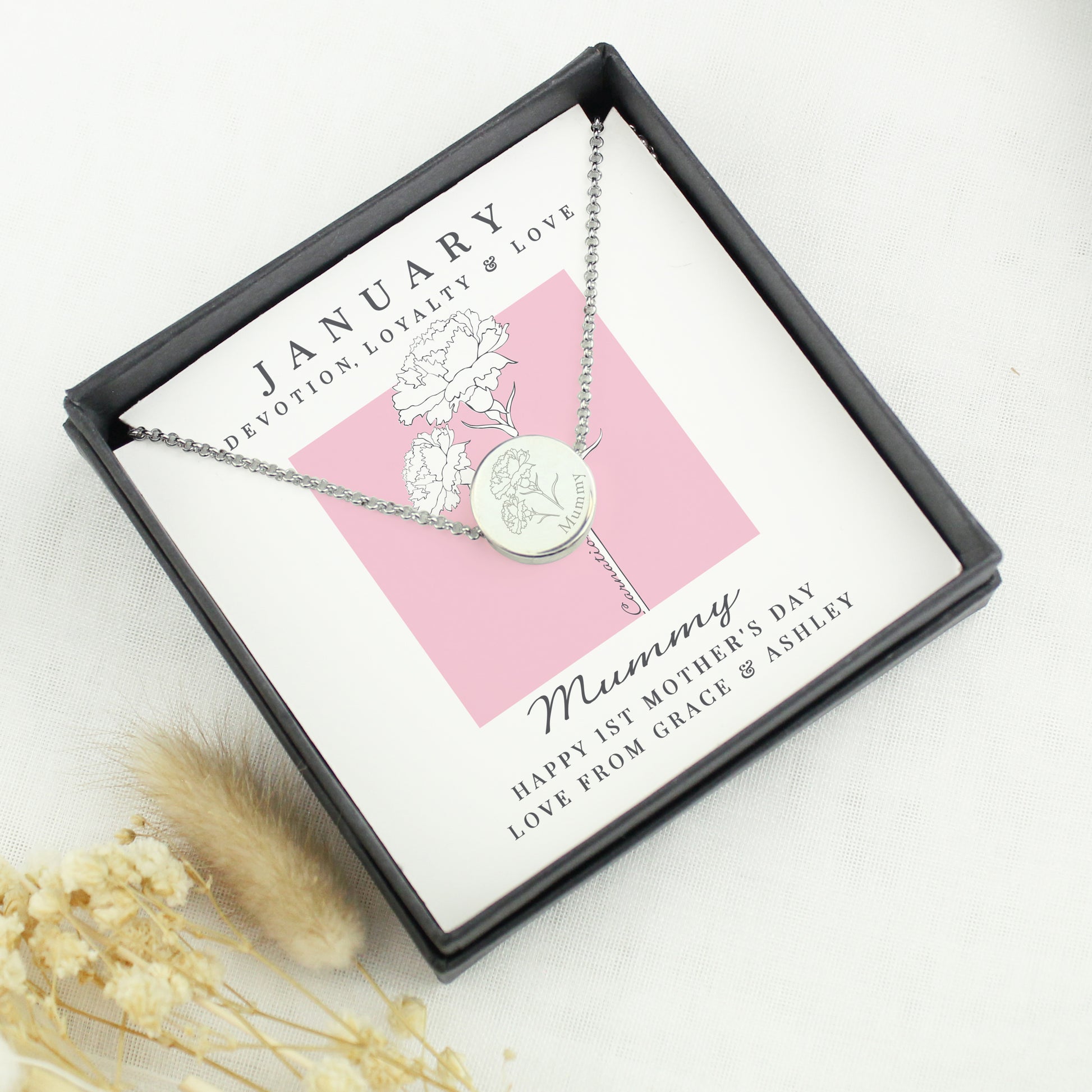 Personalised January Birth Flower Necklace and Box - MK&JD Gifts