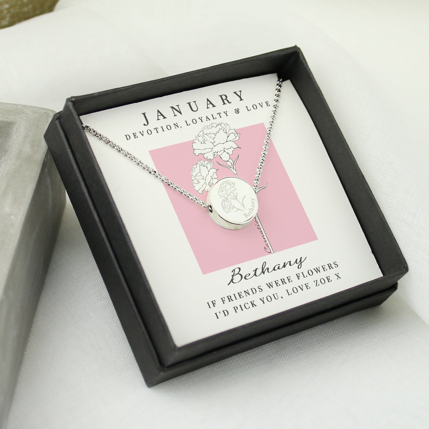 Personalised January Birth Flower Necklace and Box - MK&JD Gifts