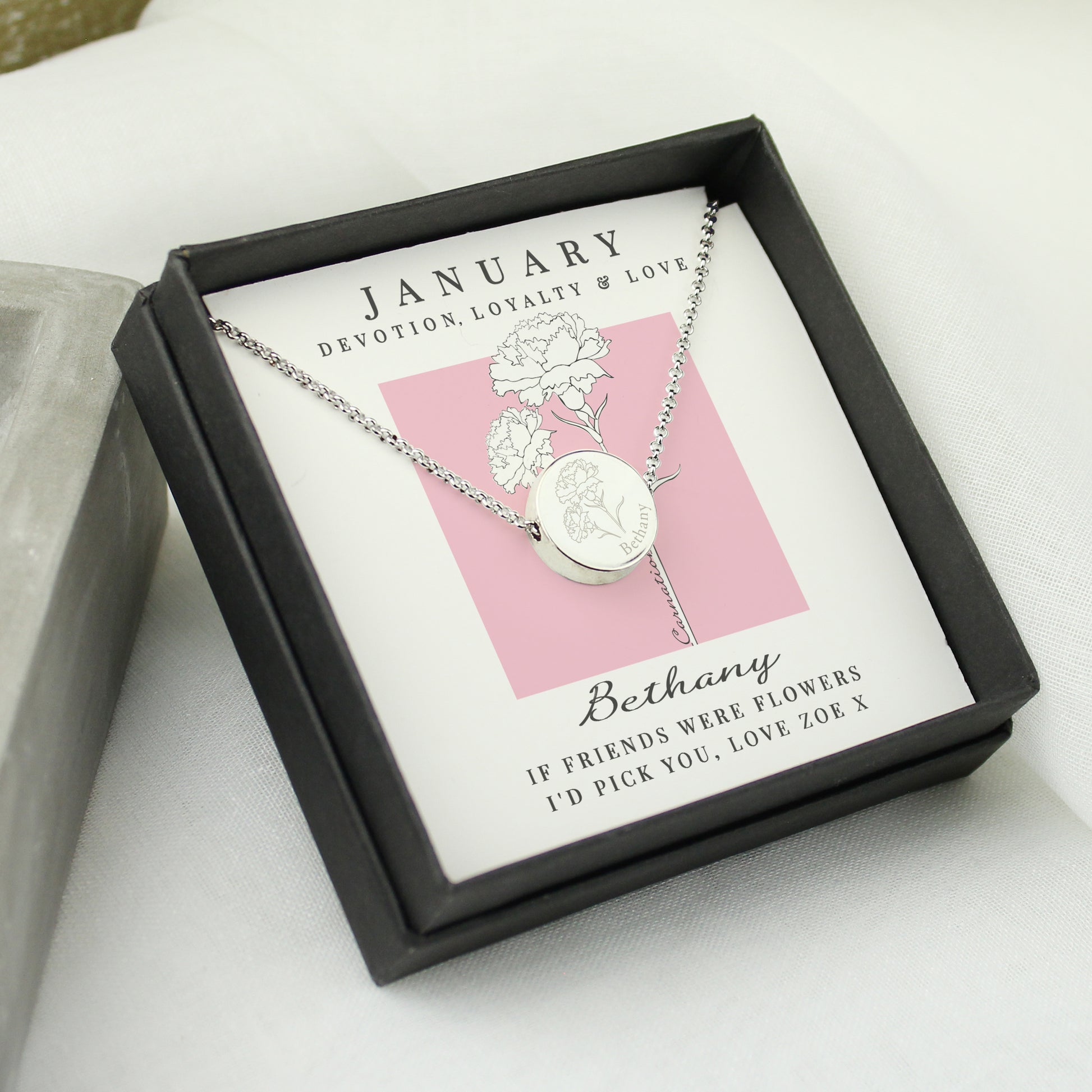Personalised January Birth Flower Necklace and Box - MK&JD Gifts