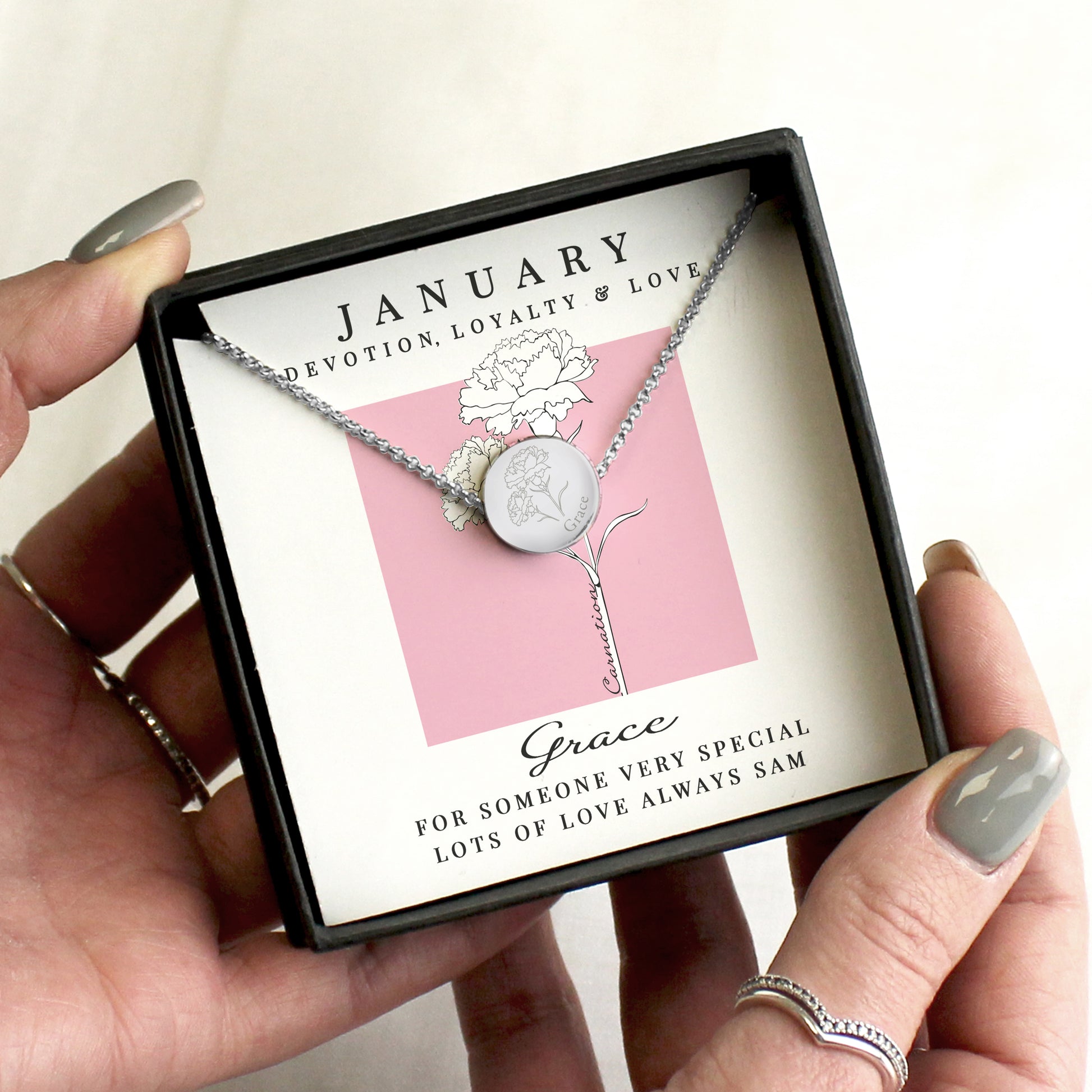 Personalised January Birth Flower Necklace and Box - MK&JD Gifts