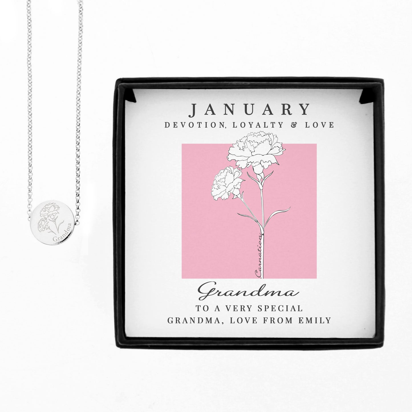 Personalised January Birth Flower Necklace and Box - MK&JD Gifts