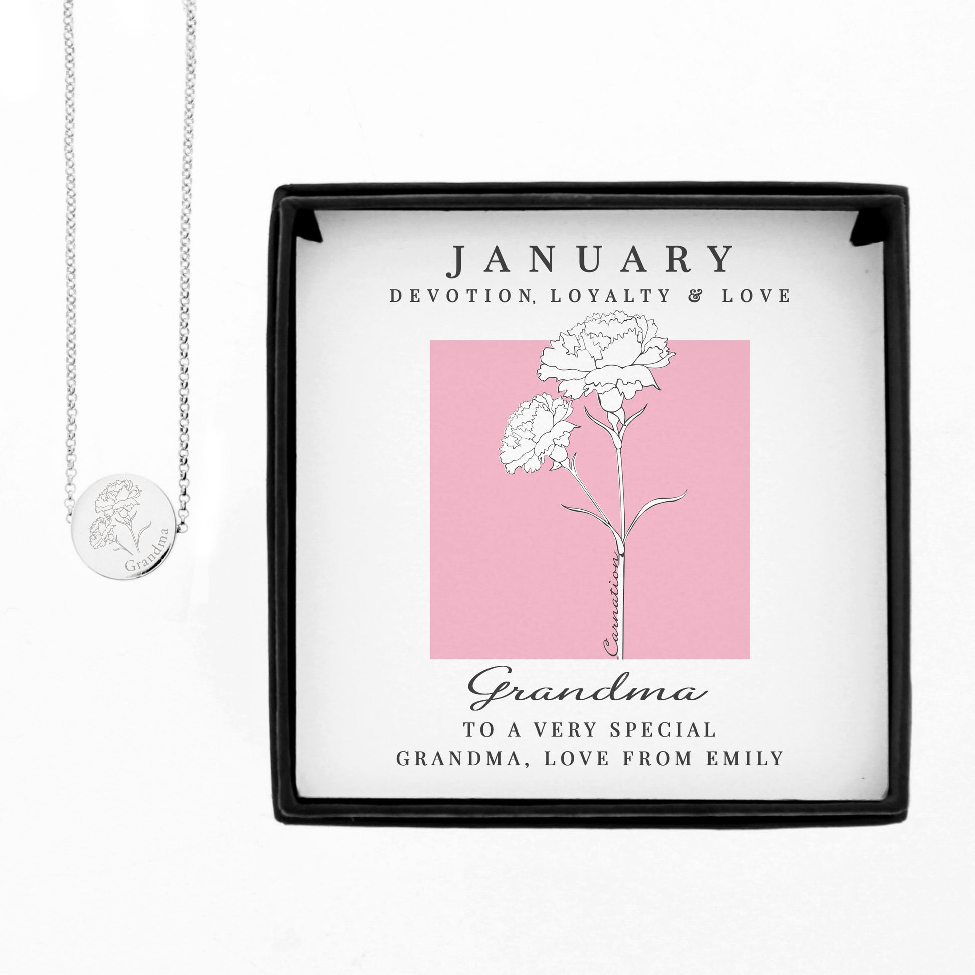 Personalised January Birth Flower Necklace and Box - MK&JD Gifts