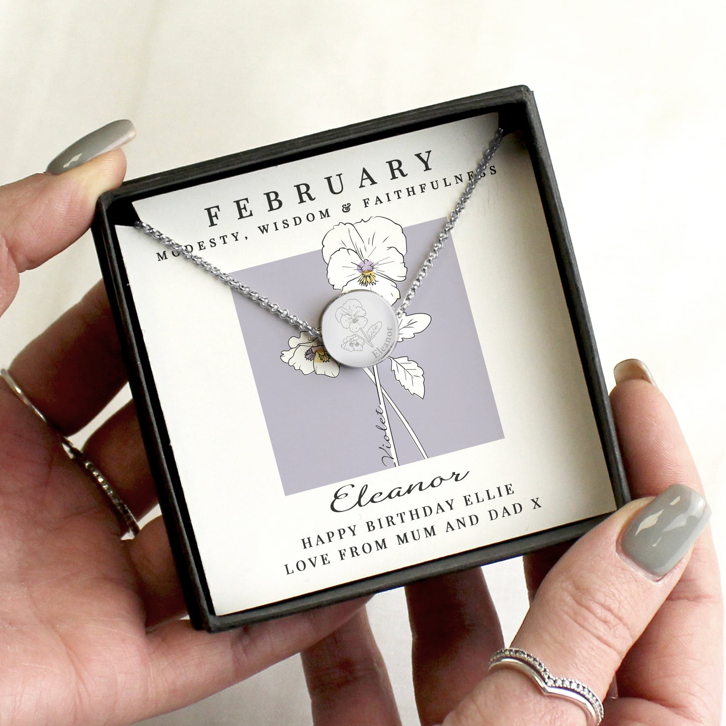 Personalised February Birth Flower Necklace and Box - MK&JD Gifts