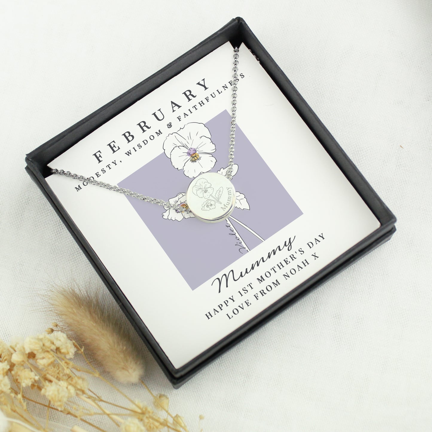 Personalised February Birth Flower Necklace and Box - MK&JD Gifts