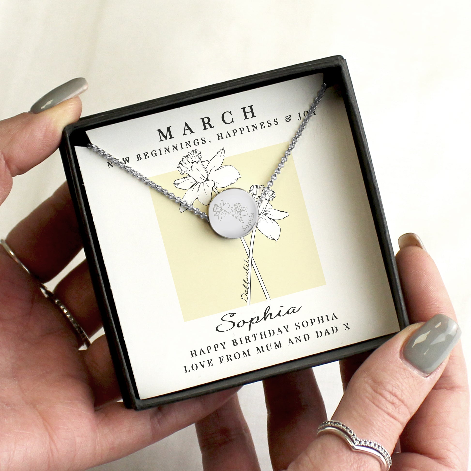 Personalised March Birth Flower Necklace and Box - MK&JD Gifts