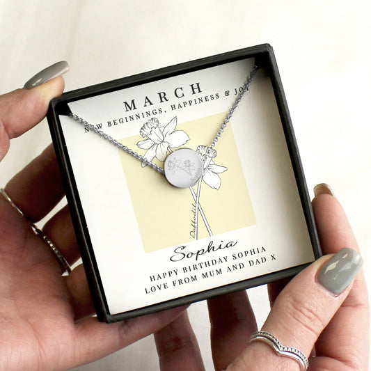 Personalised March Birth Flower Necklace and Box - MK&JD Gifts