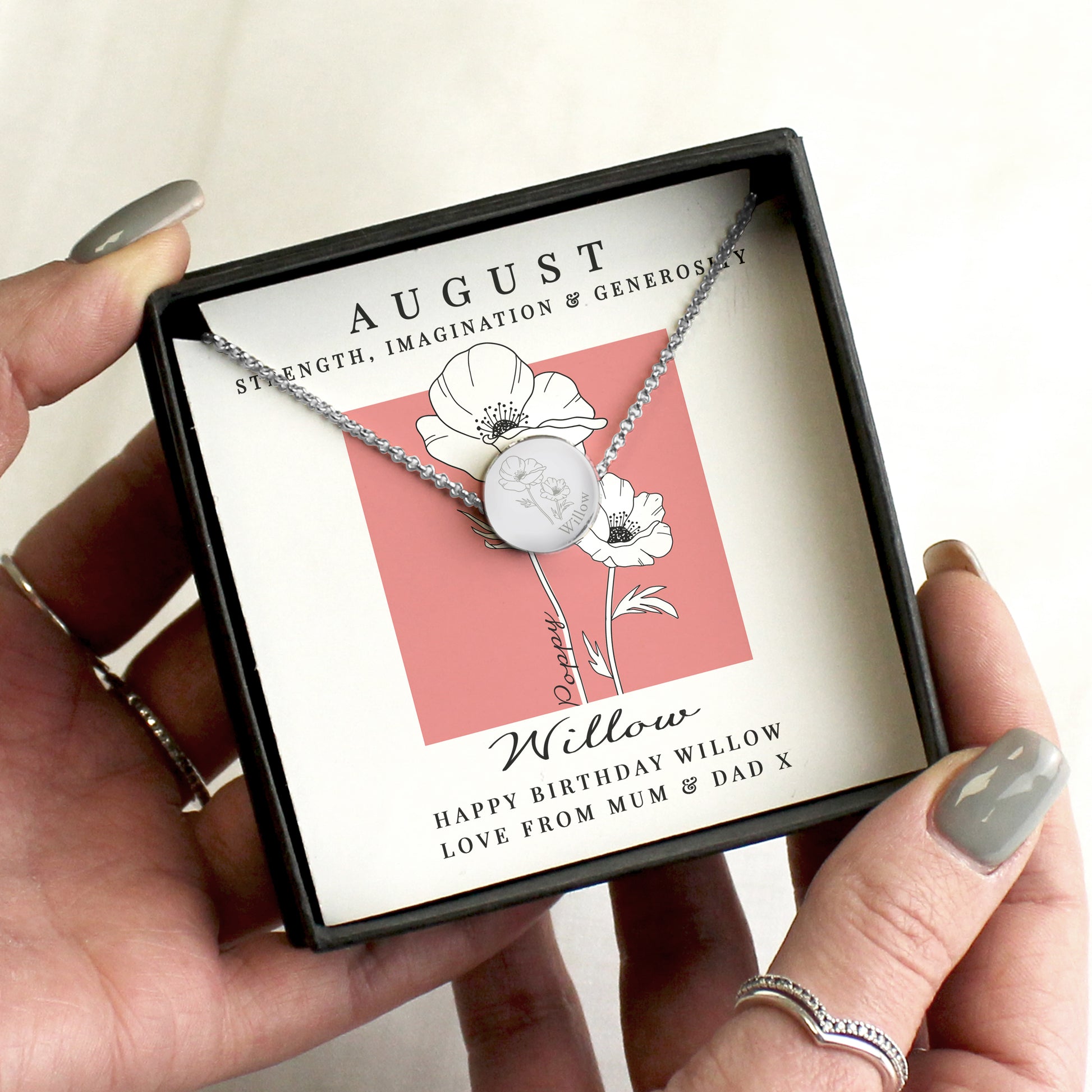 Personalised August Birth Flower Necklace and Box - MK&JD Gifts