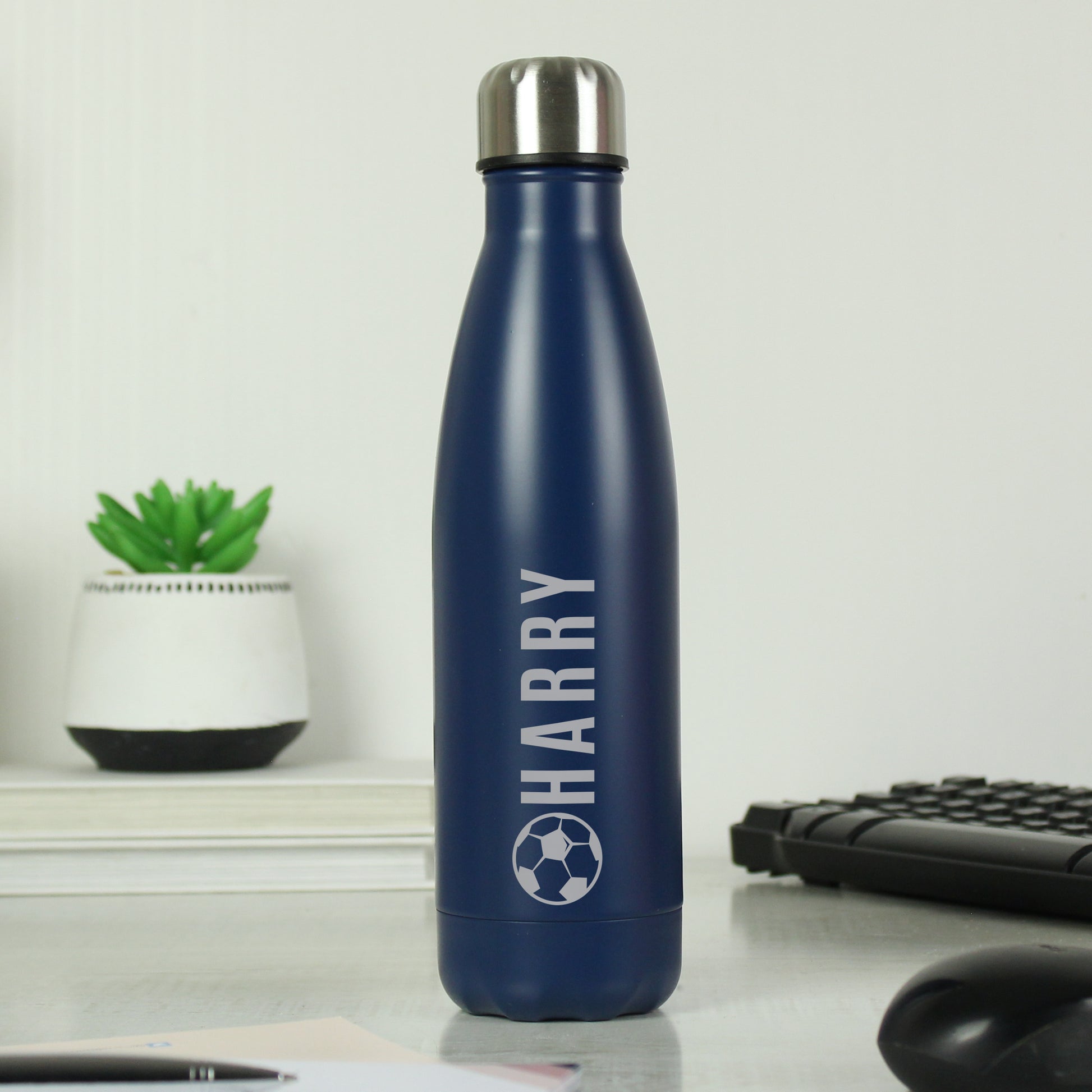Personalised Football Navy Metal Insulated Drinks Bottle - MK&JD Gifts