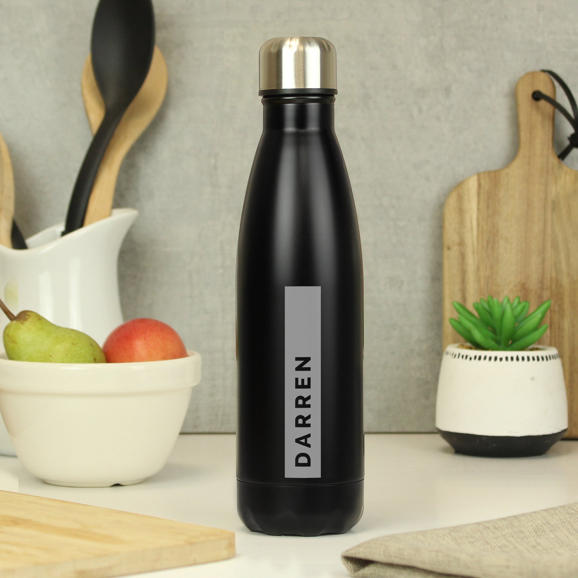 Personalised Rectangle Black Metal Insulated Drinks Bottle - MK&JD Gifts