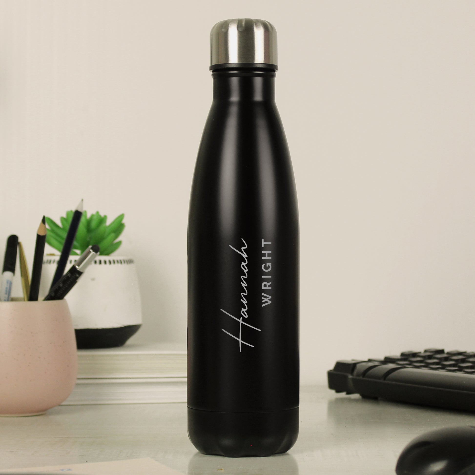 Personalised Two Lines Black Metal Insulated Drinks Bottle - MK&JD Gifts