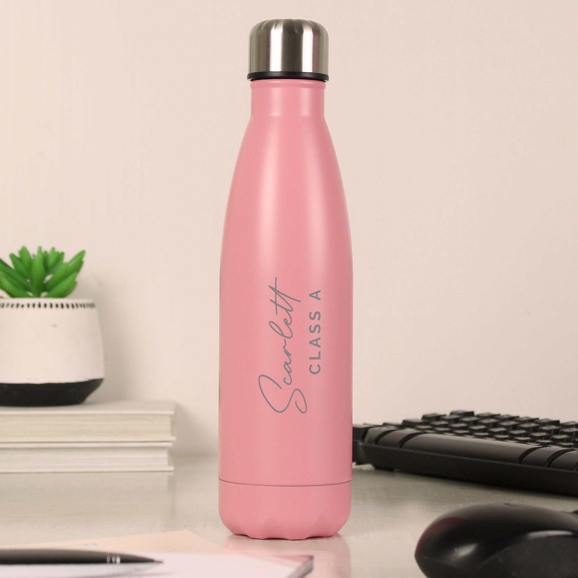 Personalised Two Lines Pink Metal Insulated Drinks Bottle - MK&JD Gifts