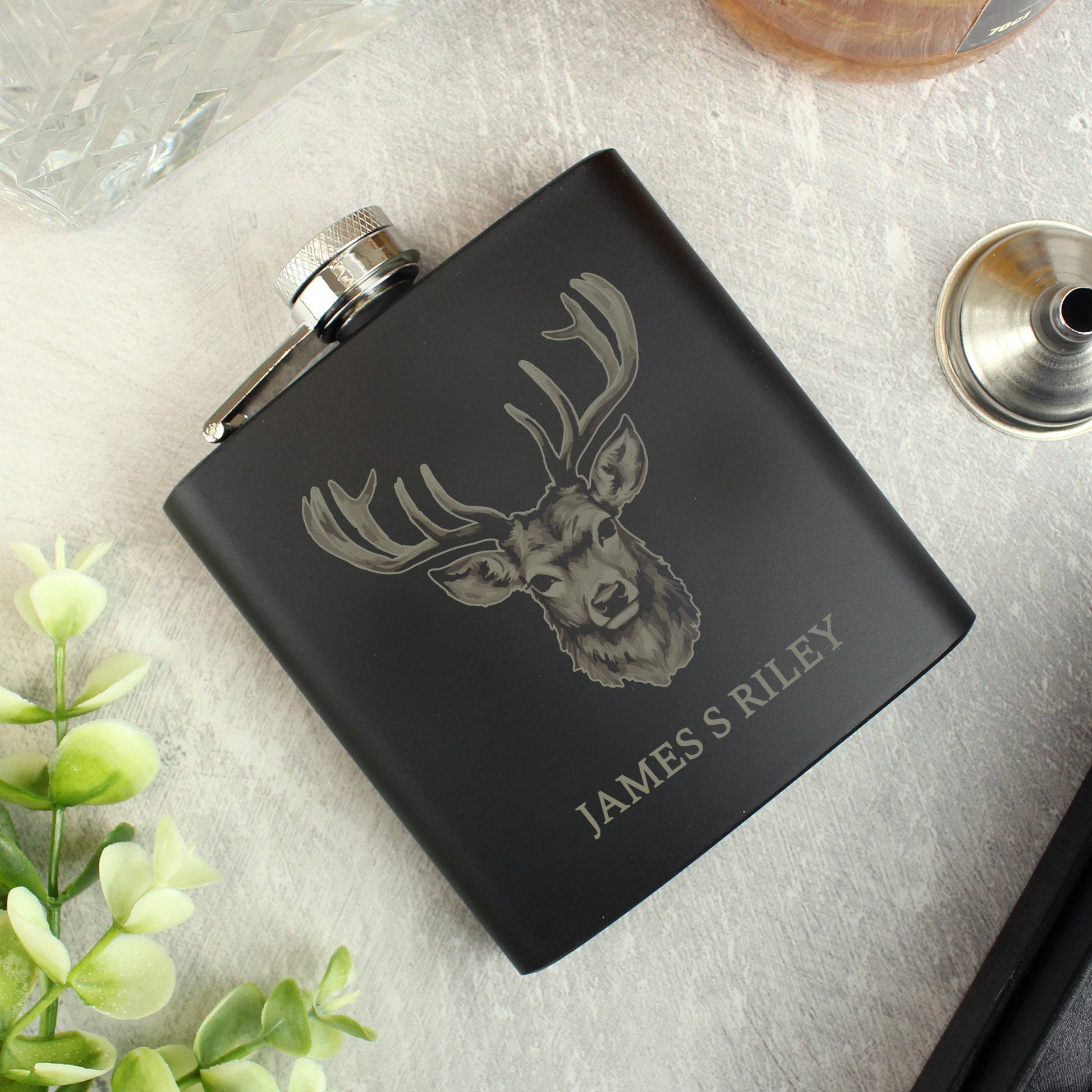 Personalised Stag Black Hip Flask - MK&JD Gifts