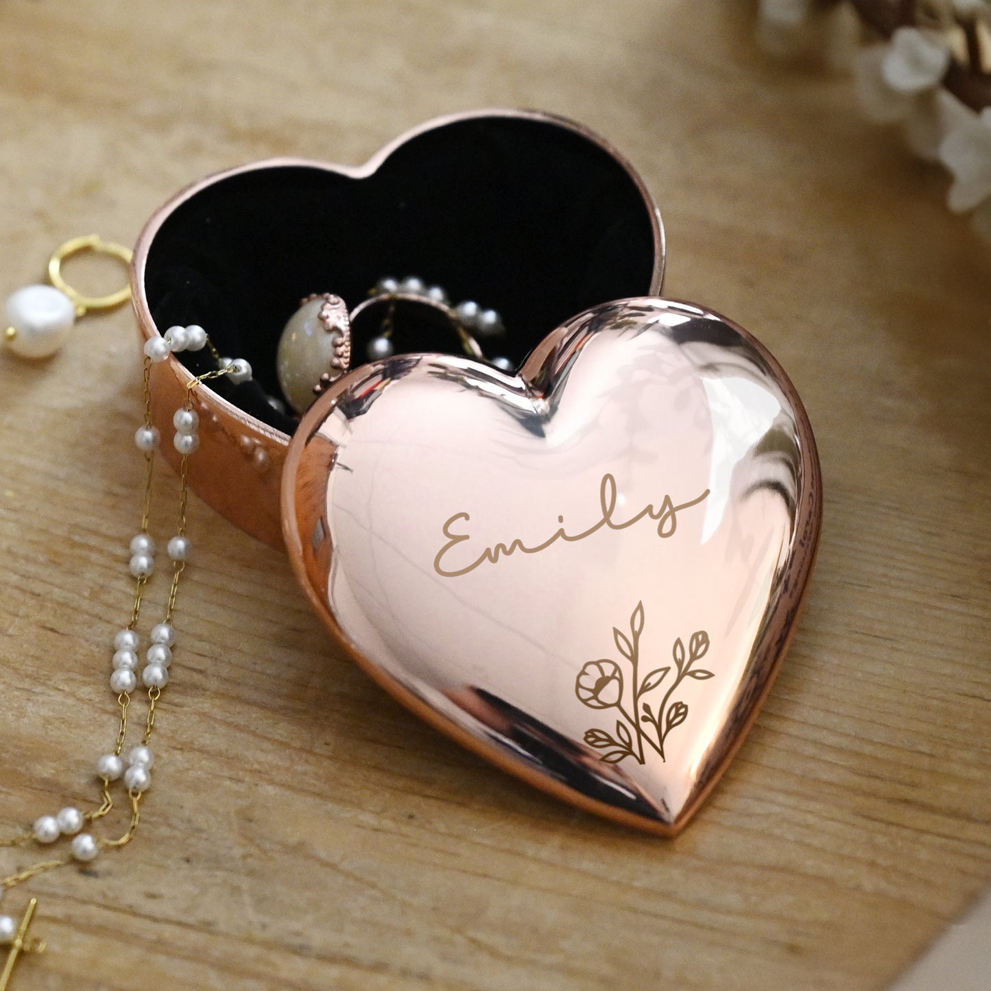 Personalised Floral Rose Gold Heart Trinket Box - MK&JD Gifts